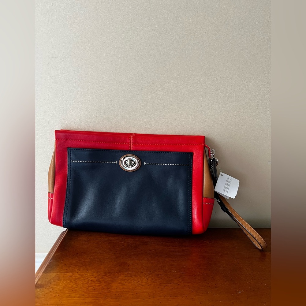 Color block-leather Large zippered Wristlet/Clutch. Brick red, Navy/Tan. Coach.